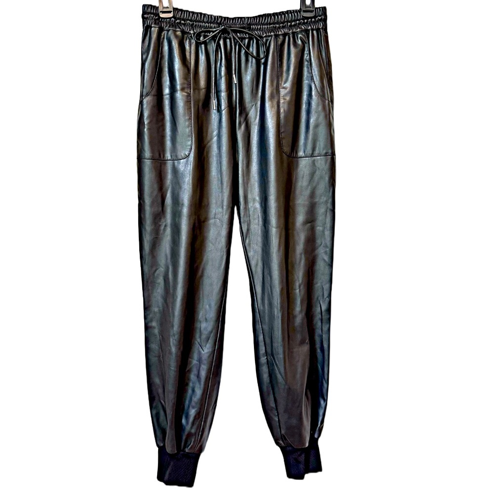 ELIE TAHARI Faux Leather High Rise Jogger Vegan Elastic Waist Pocket Black Sz S